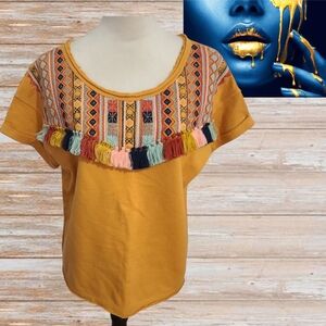 Anthropologie Chloe Oliver Valencia Embroidered Yellow‎ Fringe Top Sz L